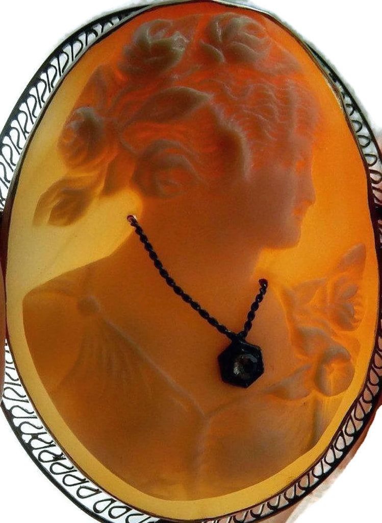 Vintage 14K White Gold Filigree Carved Shell Cameo Miners Cut Diamond Habille Brooch