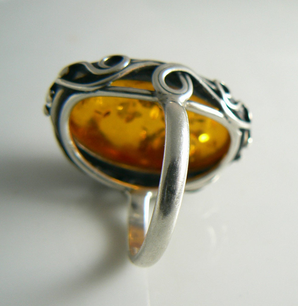 Sterling Silver Genuine Amber Leaf Vine Art Nouveau Ring - Vintage Lane Jewelry