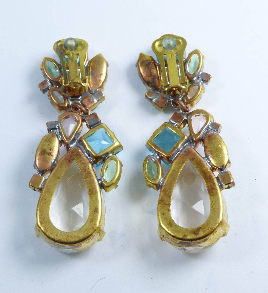 Czech Glass Clear Teardrops with Pastel Rhinestones Clip Earrings - Vintage Lane Jewelry