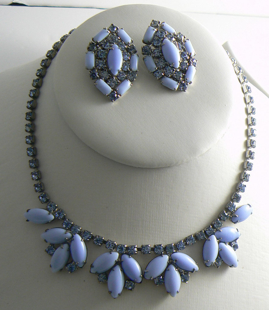 Baby blue milk glass rhinestone necklace earring set - Vintage Lane Jewelry