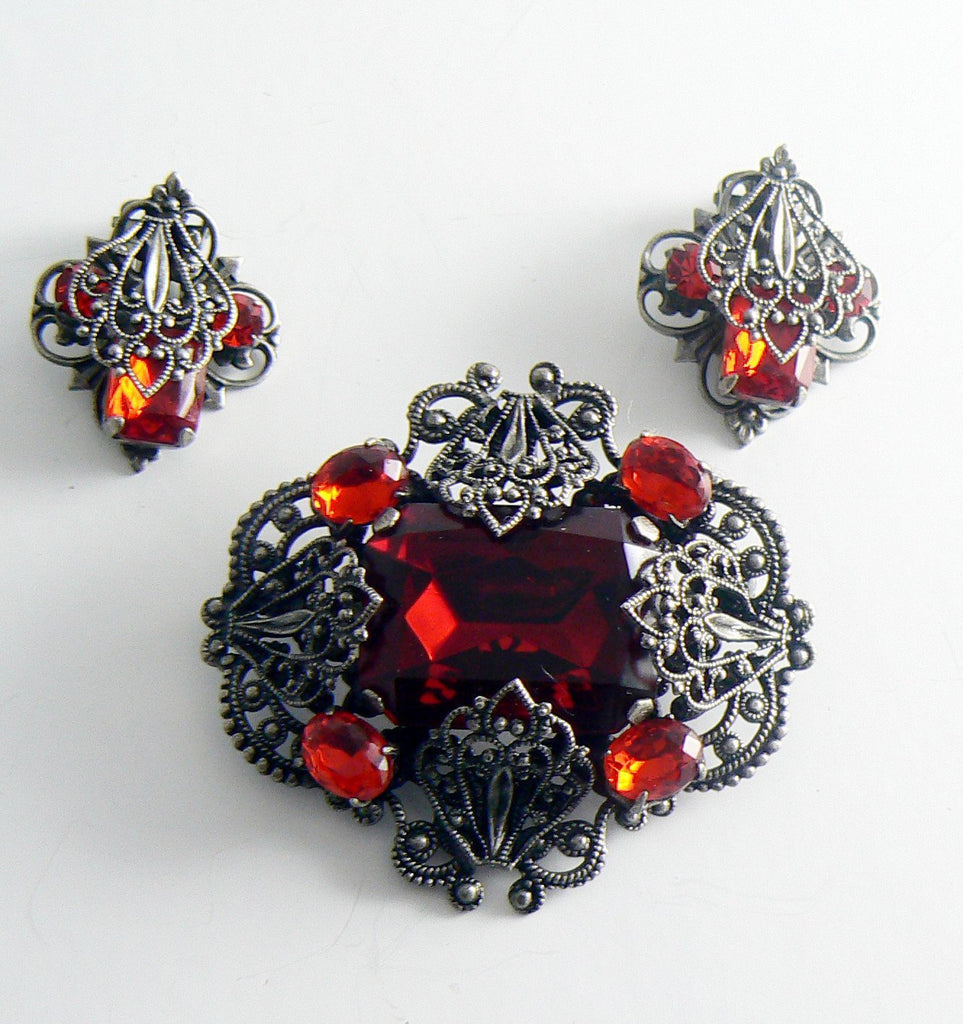 Vintage Red Czech Art Nouveau Glass Bohemian Book Piece Demi Parure