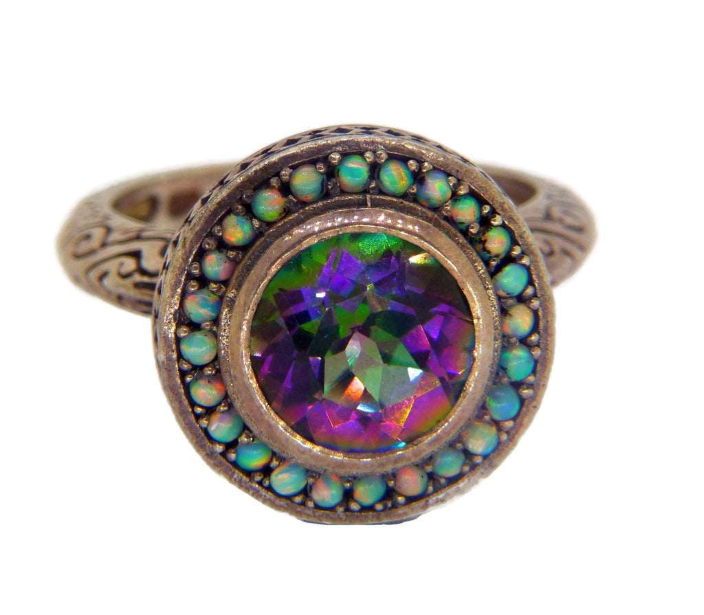Mystic Topaz and Fire Opal Sterling Silver Art Deco Style Ring