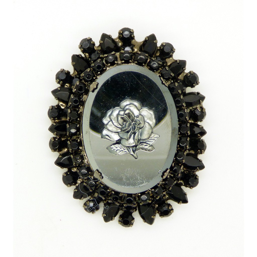 Vintage D&E Juliana Hematite Rose Cameo Rhinestone Brooch/Pendant