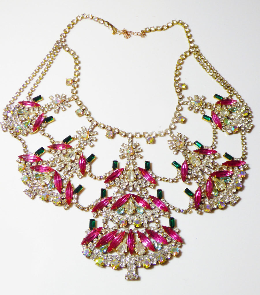 Husar D. Czech Glass Statement Christmas Tree Pink Rhinestone Necklace