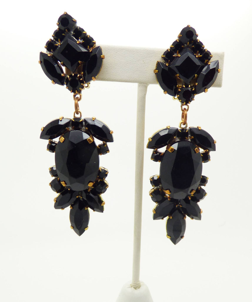 Large Black Czech Glass Dangling Clip Earrings - Vintage Lane Jewelry