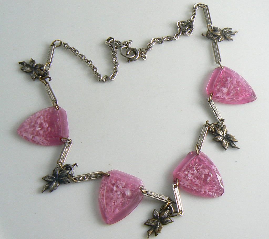 Art Deco Necklace With Pink Molded Glass Triangular Panels