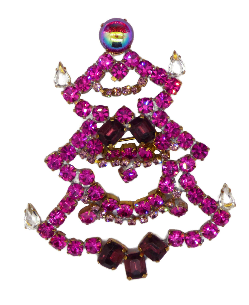 Czech Glass Pink Christmas Tree Pin, Rhinestone Brooch,