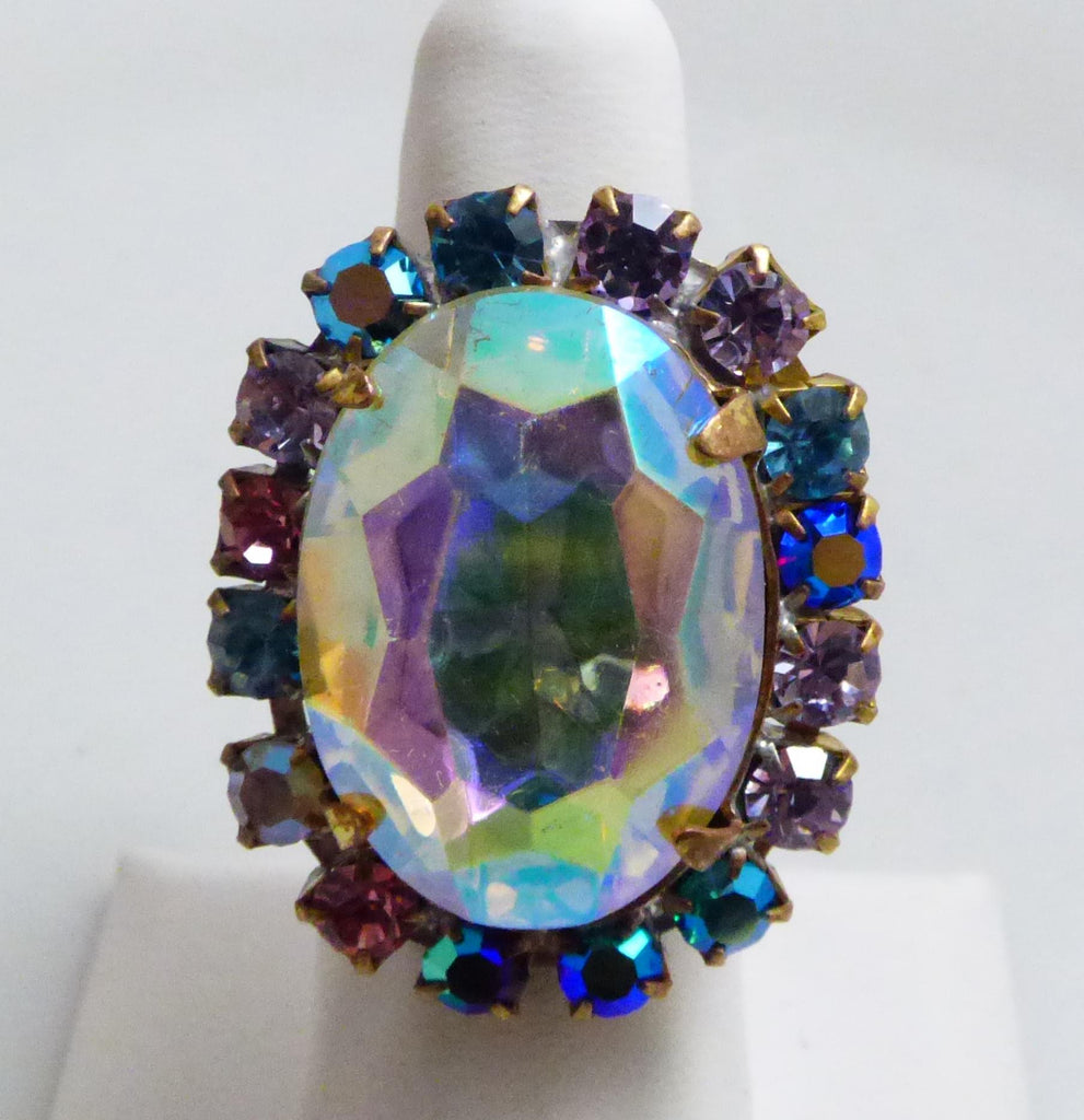 Czech Glass Multicolored Pastel Rhinestone Necklace, Clip Earrings and Ring - Vintage Lane Jewelry