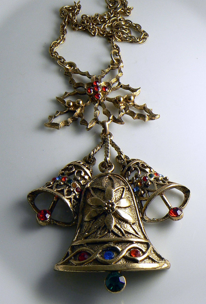 Rhinestone Christmas Bells Holiday Beatrix Necklace, xmas necklace