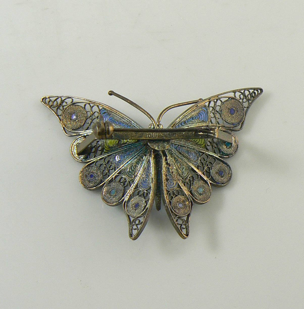 Enameled Butterfly 800 Silver Filigree Pin, Blue and Green - Vintage Lane Jewelry