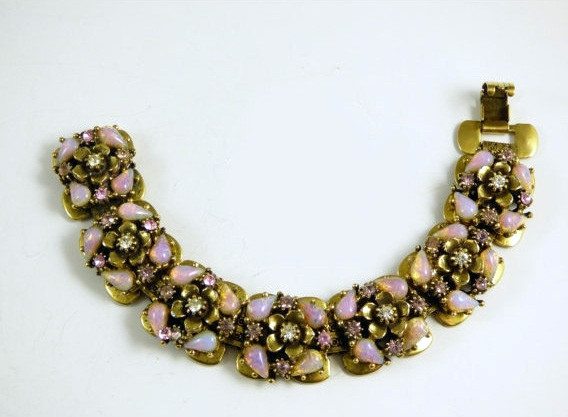 Pink Art Glass and Rhinestone wide book chain flower link bracelet
