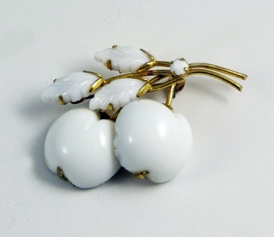 Vintage Austria Milk Glass Cherries Brooch
