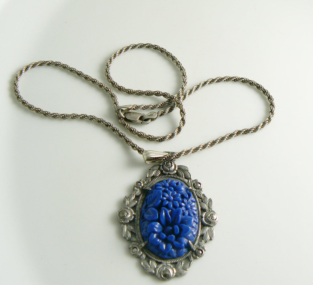 Sterling Marcasite Molded Lapis Glass Necklace