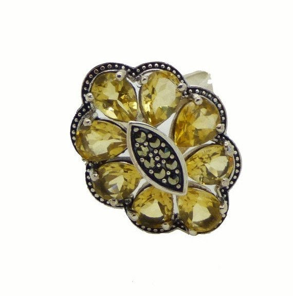 Natural Yellow Citrine Marcasite Sterling Silver Flower Ring, Size 8