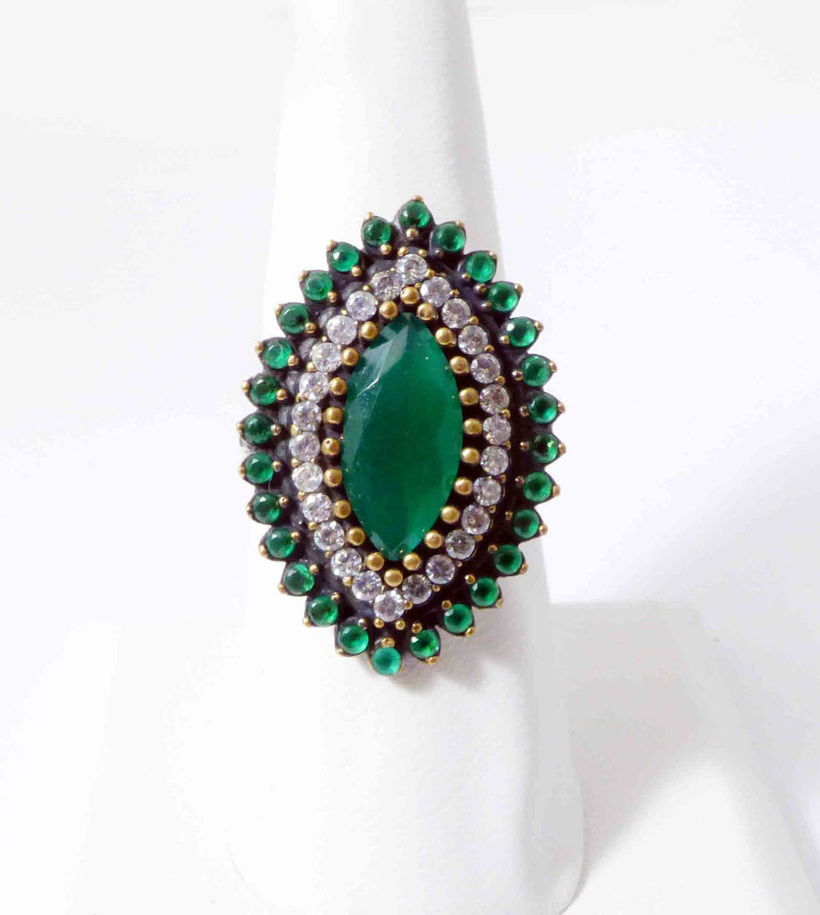 Natural Emerald and White Topaz Turkish Sterling Silver Ring. size 8.5