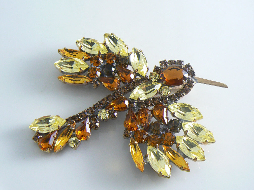 Large Yellow And Dark Amber Czech Rhinestone Hummingbird Brooch
