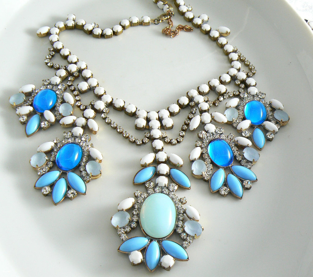 Czech Glass Opaque Blue And White Statement Necklace