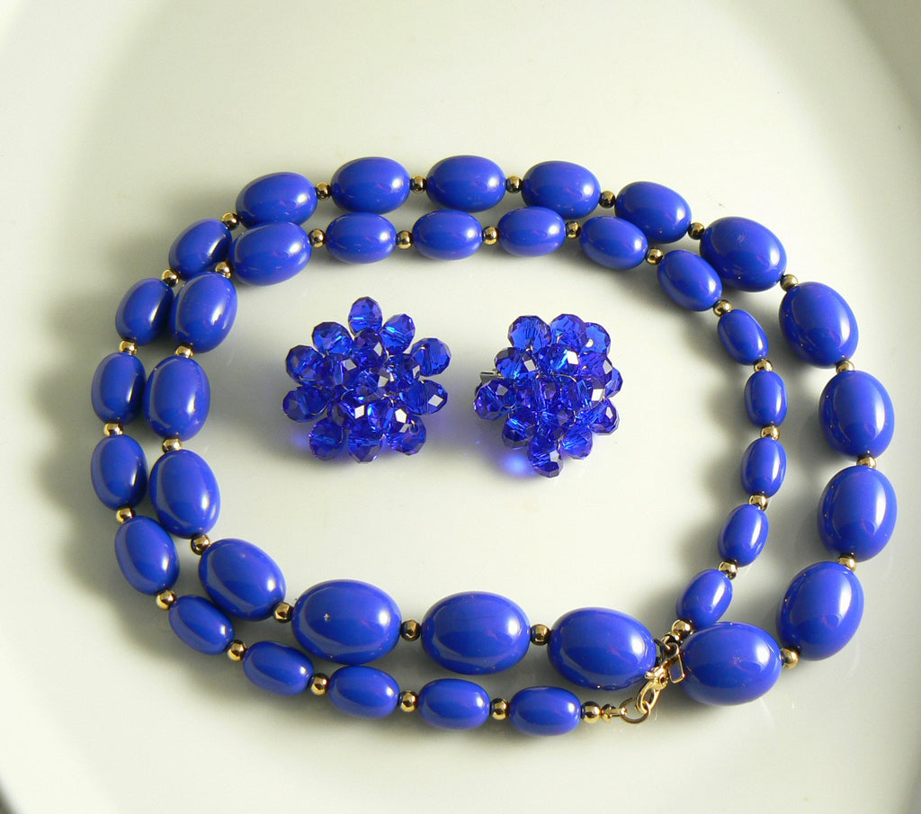 Royal Blue Bead Monet Necklace Signed Necklace Earring Set