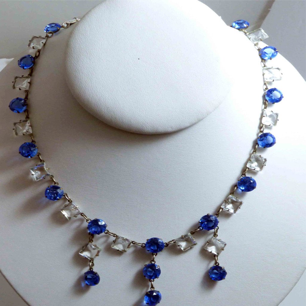 Art Deco Sapphire Blue and Clear Drippy Crystal Necklace