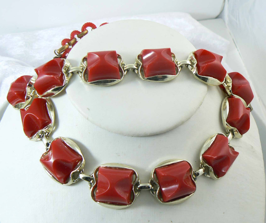 Red Lucite Bon Bon Necklace and Bracelet Set