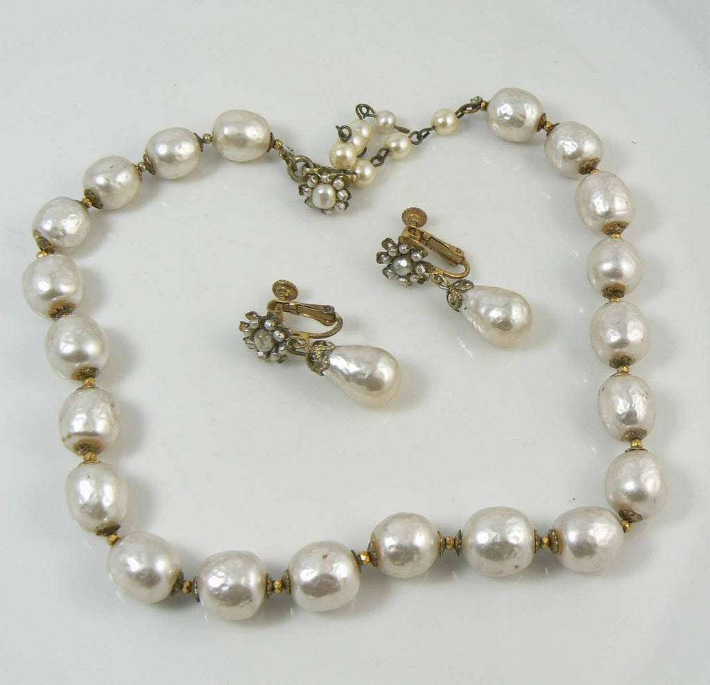 Miriam Haskell Large Baroque Glass Pearl Necklace and Earring Set