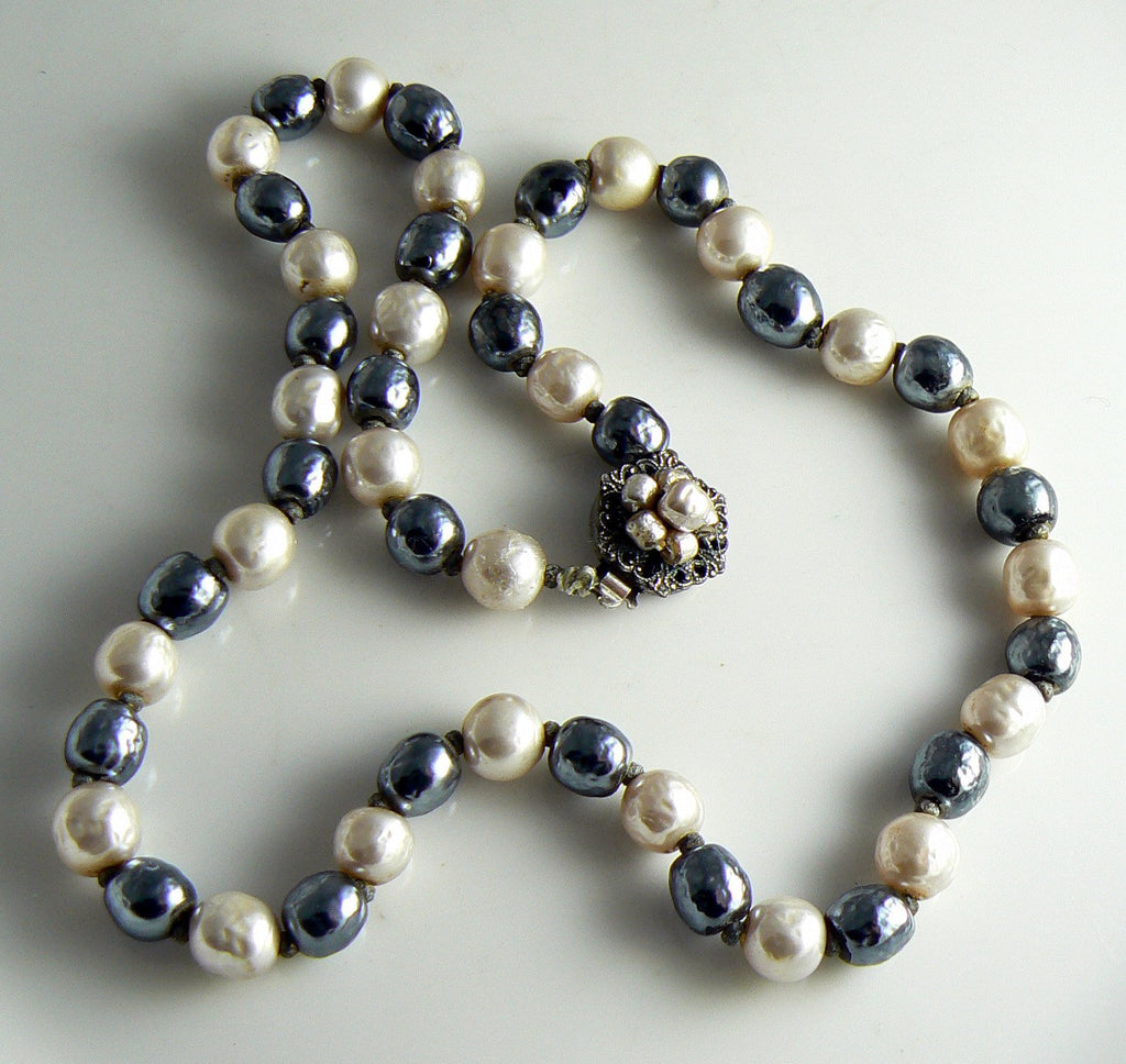Miriam Haskell Navy Blue And Ivory Baroque Pearl Necklace