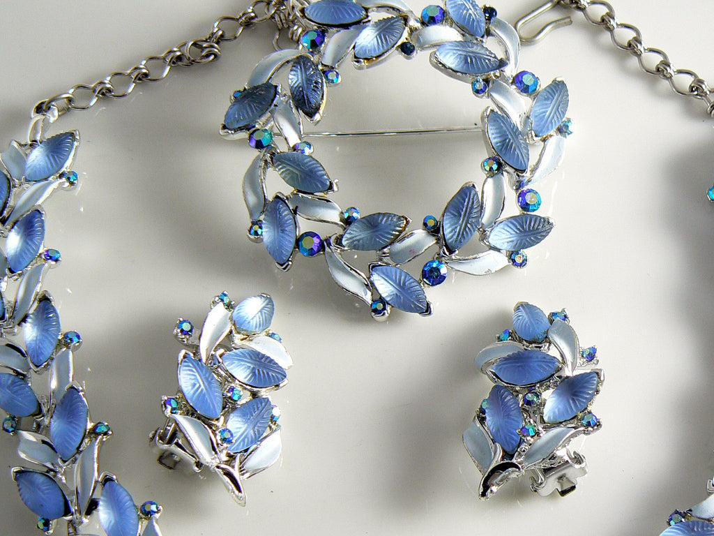 Bsk Sea Blue Rhinestone And White Enamel Parure