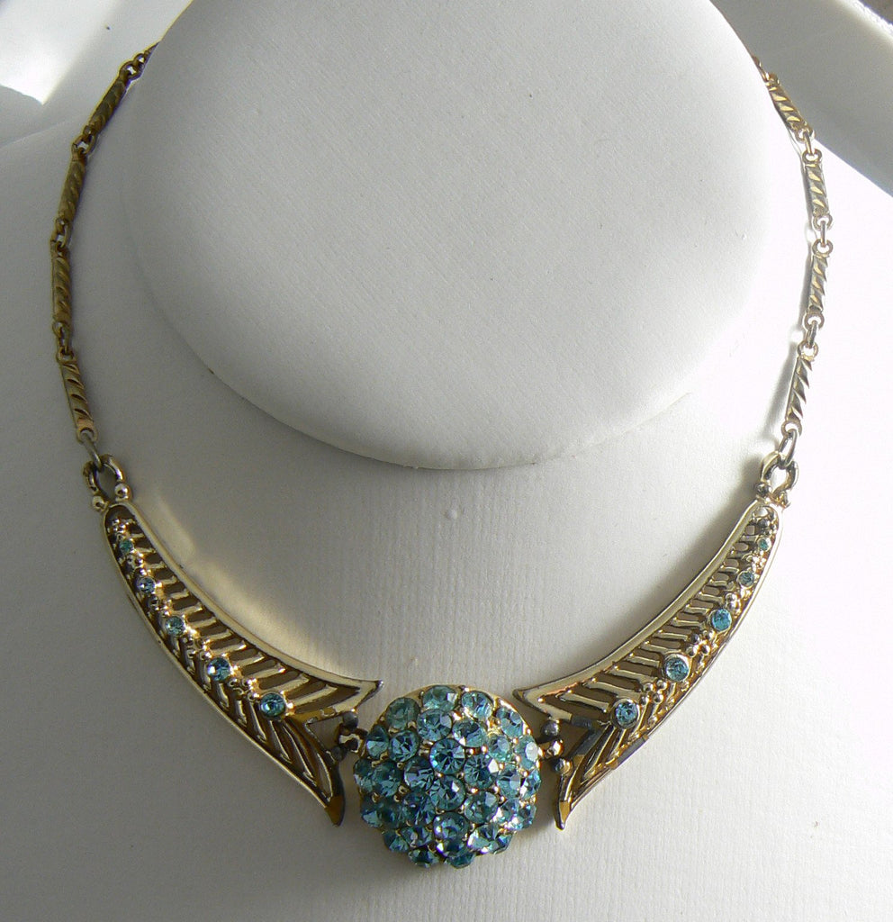 Vintage Sky Blue Rhinestone Gold Tone Chain Link Choker Necklace