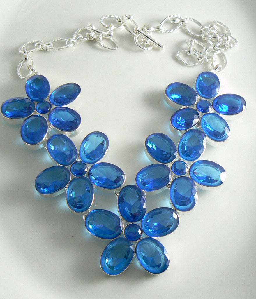 Huge Blue Sapphire Crystal Rhinestone Flower Silver Necklace