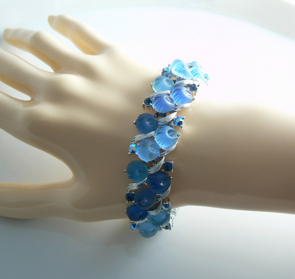 Lisner Shades Of Blue Molded Glass Rhinestone Bracelet Earring Set