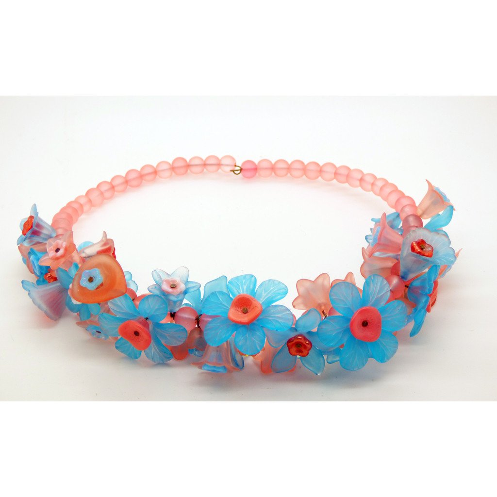 Turquoise and Peach Lucite Flowers, Glass Flowers and Peach Glass Beads Necklace