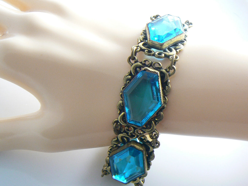 Antique Art Nouveau Deco Open Back Set Blue Glass Stone Bracelet
