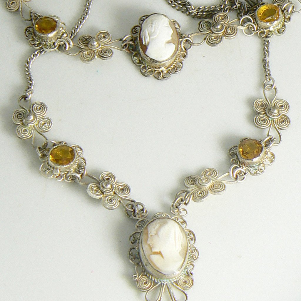 Victorian Cannetille Topaz Rhinestone Cameo Necklace and Bracelet Demi Parure Set