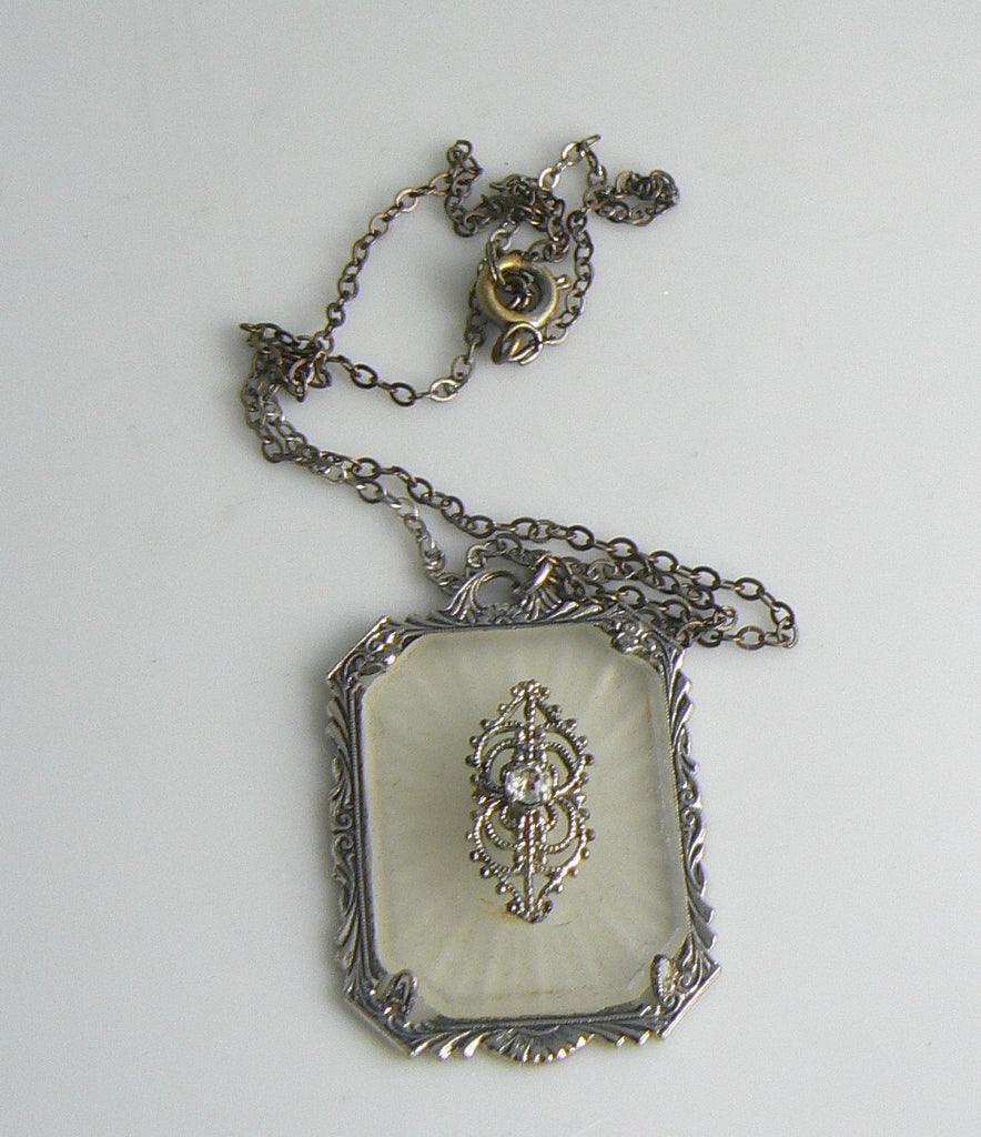 Large Gatsby Era Art Deco Camphor Glass Rhodium Plated Filigree Necklace