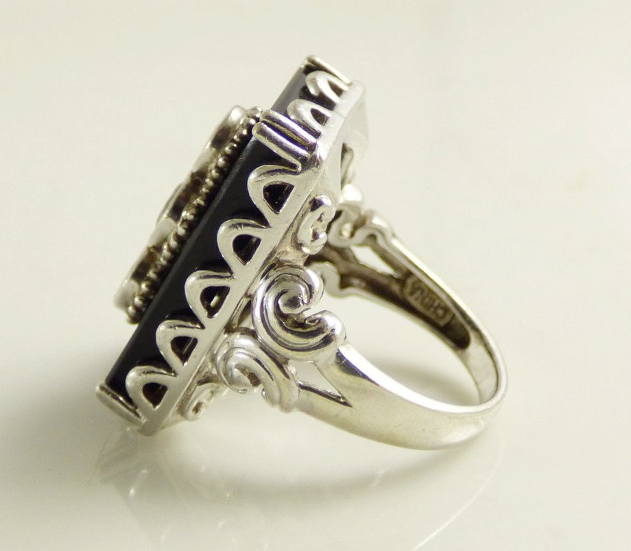 Art Deco Revival Black Onyx Sterling Silver Victoria Wieck Ring - Vintage Lane Jewelry
