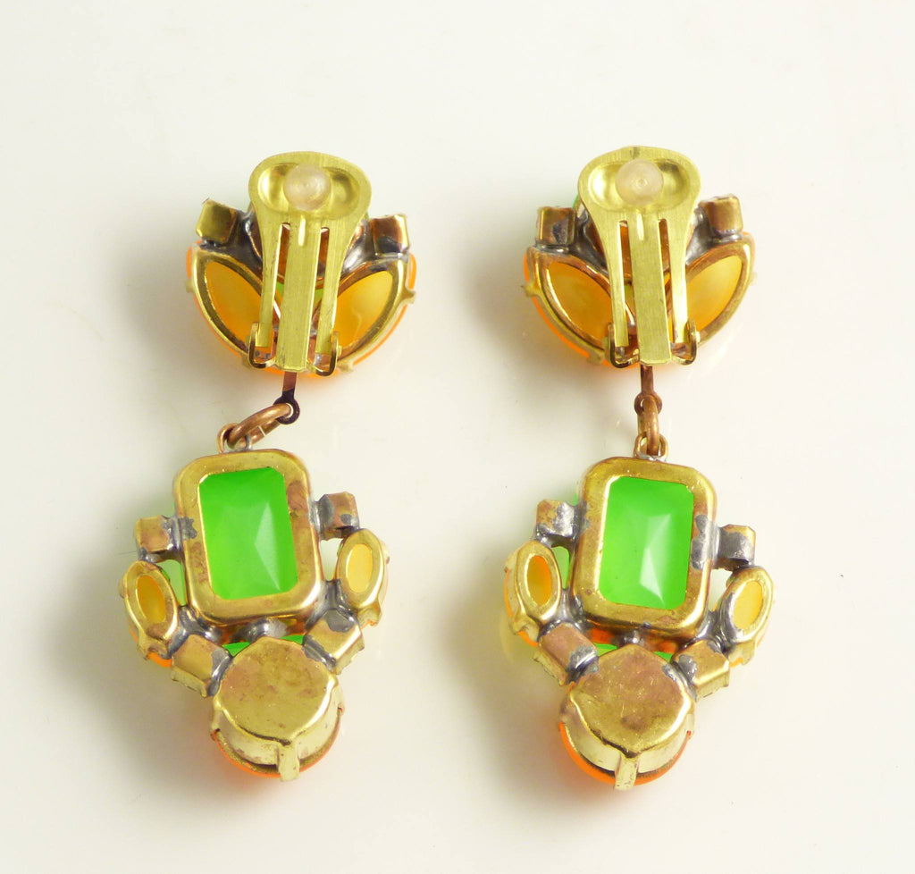 Czech Neon Green and Orange Clip Earrings - Vintage Lane Jewelry