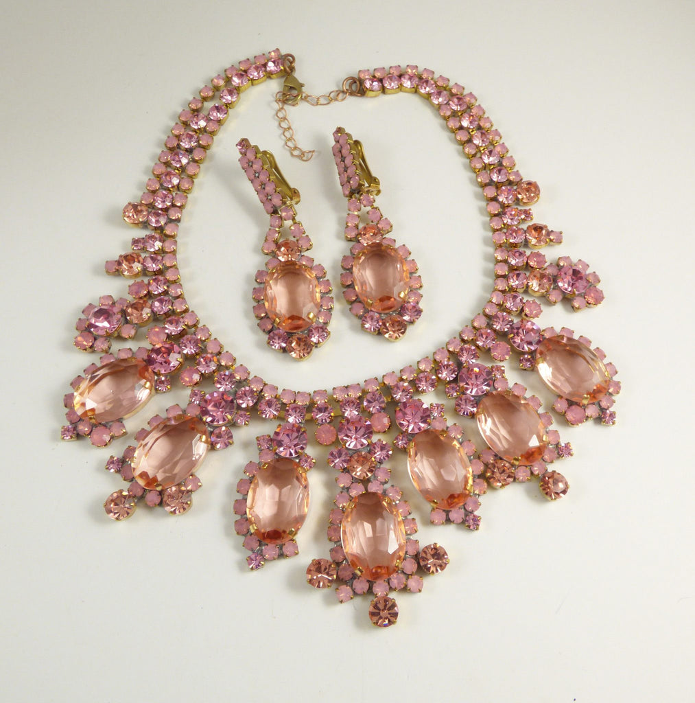 Pink Czech Glass Statement Necklace and Clip earrings