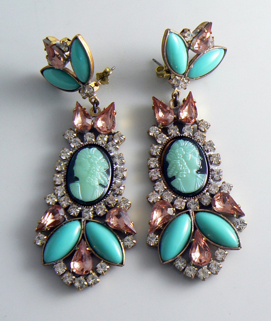 Czech Aqua Glass Rhinestone Cameo Earrings