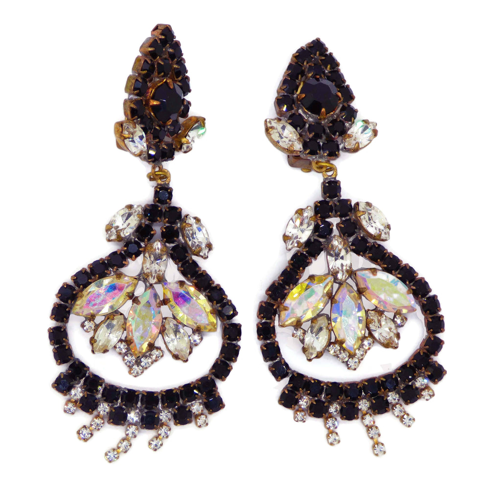 Black and White Czech Glass Rhinestone Clip Dangling Earrings