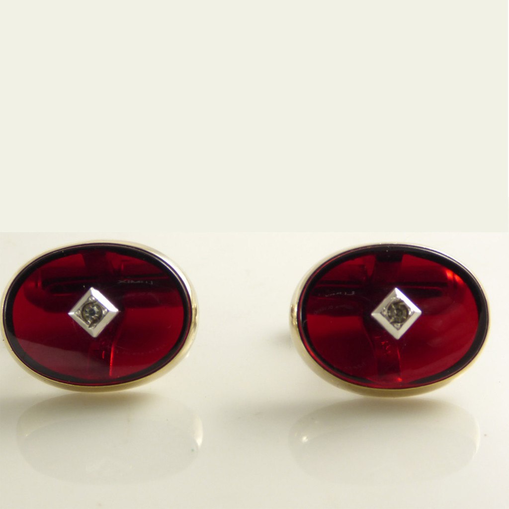 Vintage ANSON Gold Tone Oval Red Lucite Rhinestone Men’s Cufflinks
