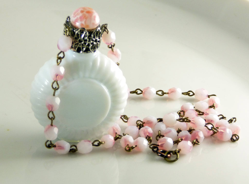 Vintage Czech Milk Glass Perfume Bottle Necklace, Mottled Peach with matching chain - Vintage Lane Jewelry