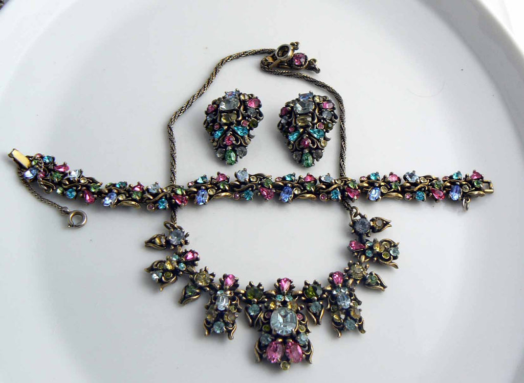 Hollycraft Classic Pastel Rhinestone Parure Fruit Salad - Vintage Lane Jewelry