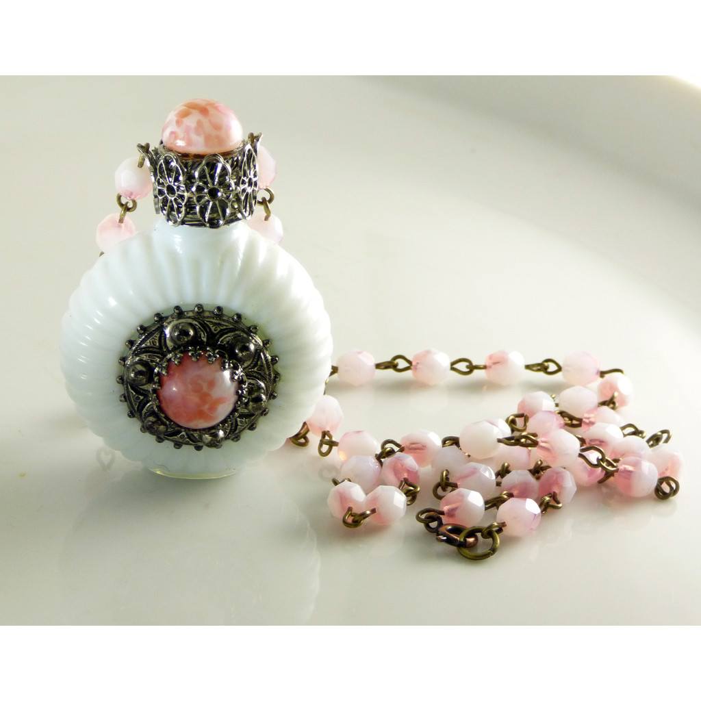 Vintage Czech Milk Glass Perfume Bottle Necklace, Mottled Peach with matching chain