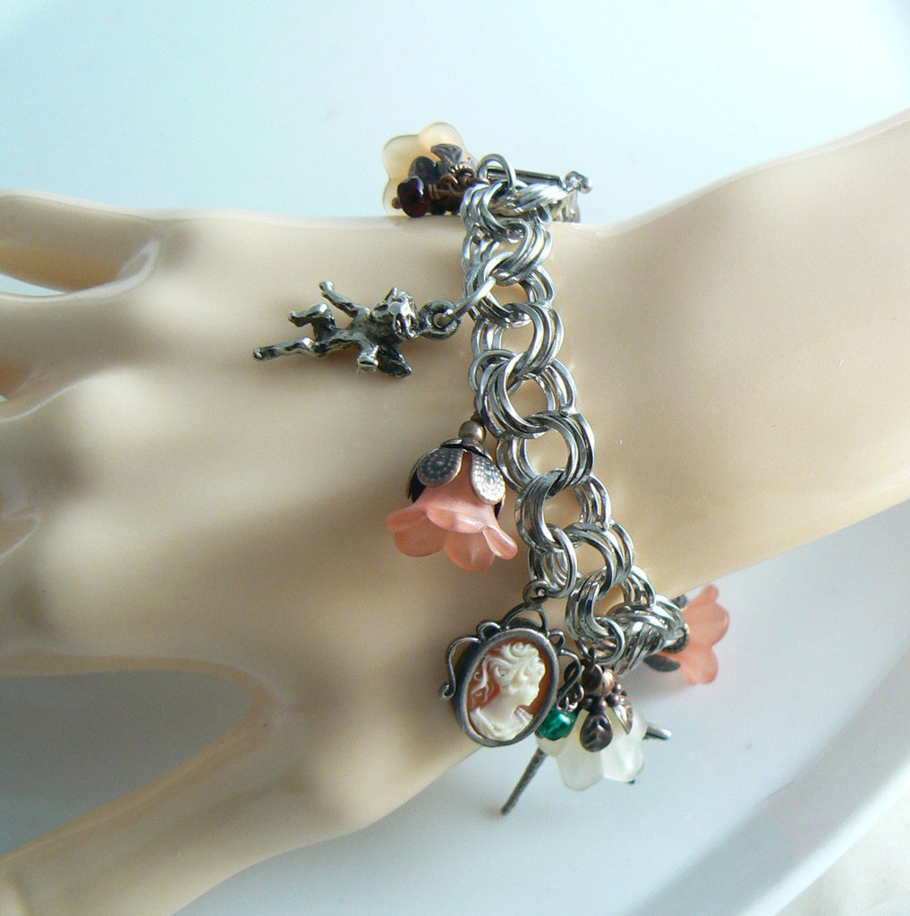 Sterling Silver Triple Link Italian Charm Bracelet With Charms