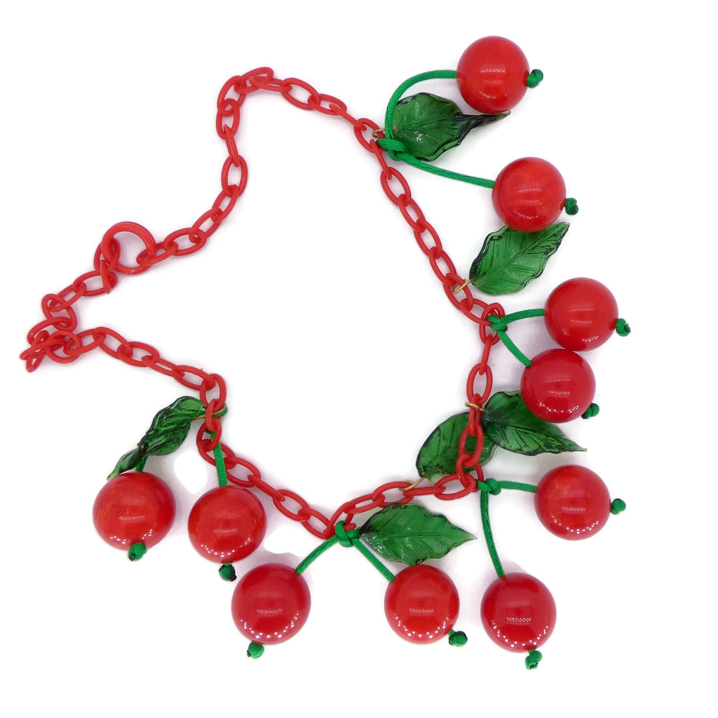 Art Deco Cherry Bakelite Necklace, Red Celluloid Chain - Vintage Lane Jewelry