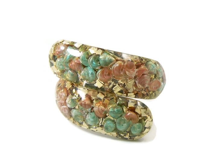 Lucite Gold Confetti Seashell Clamper Bracelet