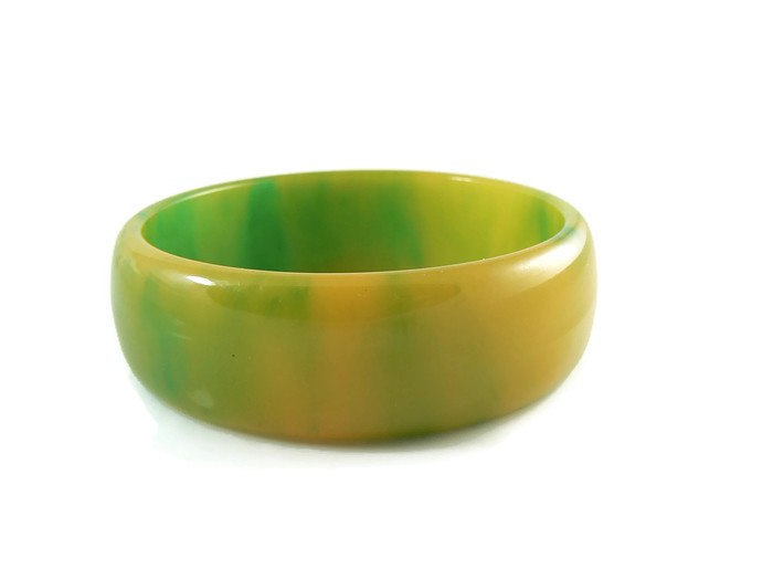 Vintage Green and Yellow Marble Bakelite Bangle Bracelet