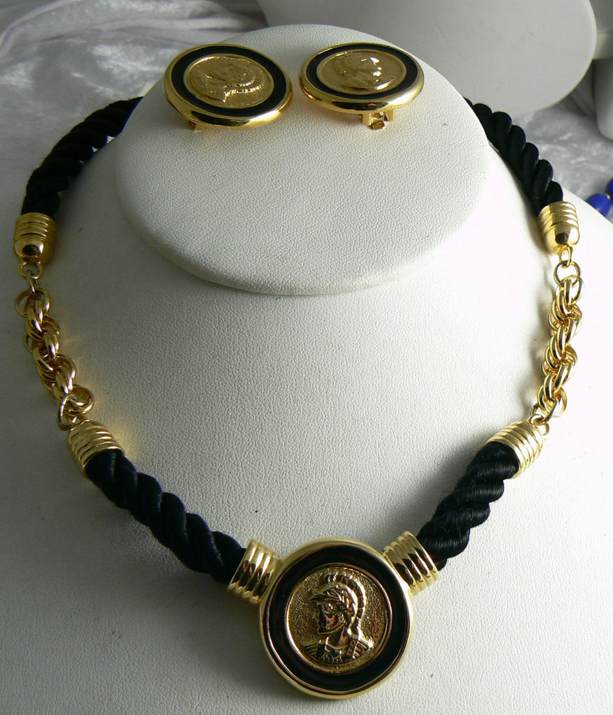 Black Enamel Intaglio Roman Solider Head Necklace Earring Set