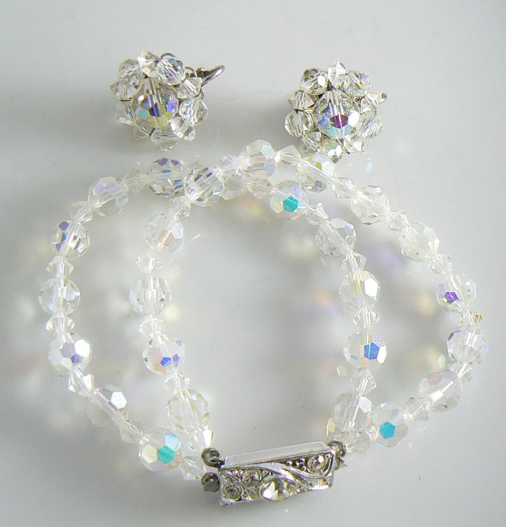 Vintage Silver Tone Ab Crystal Bracelet Earring Set