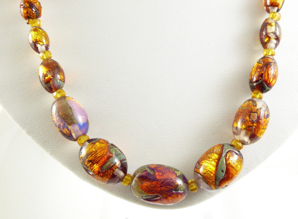 Antique Peacock Foil Glass Beads Graduated Necklace - Vintage Lane Jewelry